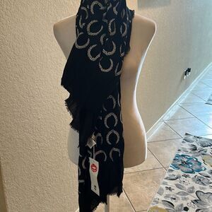 Wildfox Women's Signature Black Wrap Scarf Creasant Logo Fringe Hem New